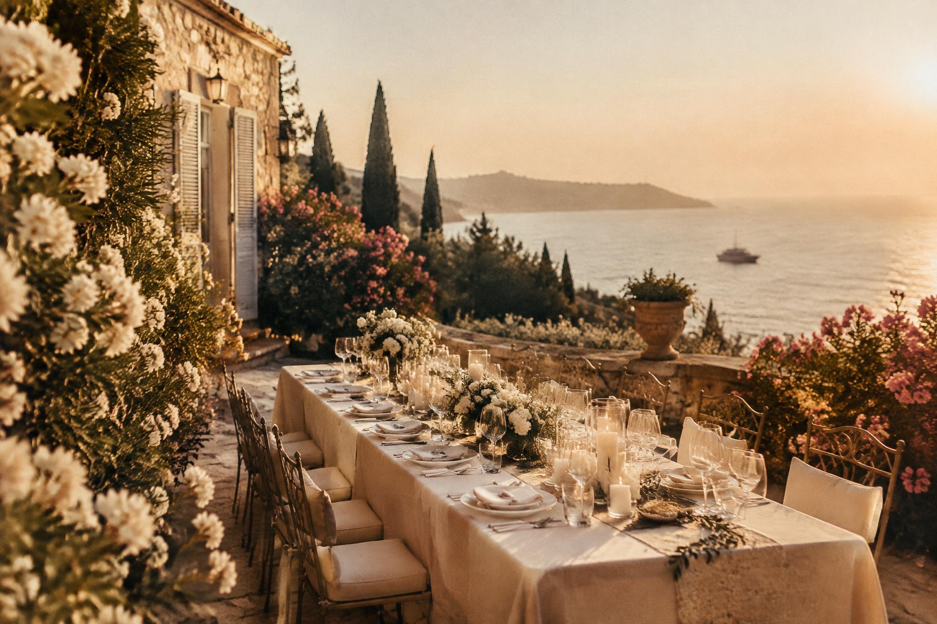 A long wedding table set on a Mediterranean terrace at golden hour